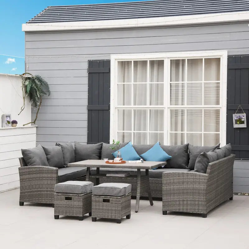 Outsunny Ensemble de 6 canapés de terrasse en osier avec table basse en plastique imitation bois et coussins, gris chiné - 174 x 61 x 71,7 cm