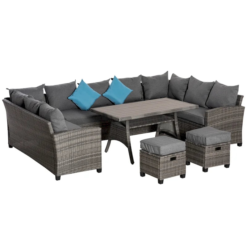 Outsunny Ensemble de 6 canapés de terrasse en osier avec table basse en plastique imitation bois et coussins, gris chiné - 174 x 61 x 71,7 cm