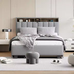 Lit plateforme capitonné pleine/grand lit avec tête de lit de rangement, lit gigogne simple, 2 tiroirs et prises de courant et ports USB, 4L - ModernLuxe