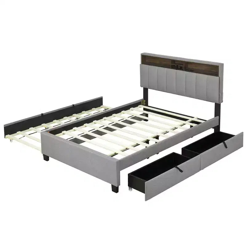 Lit plateforme capitonné pleine/grand lit avec tête de lit de rangement, lit gigogne simple, 2 tiroirs et prises de courant et ports USB, 4L - ModernLuxe
