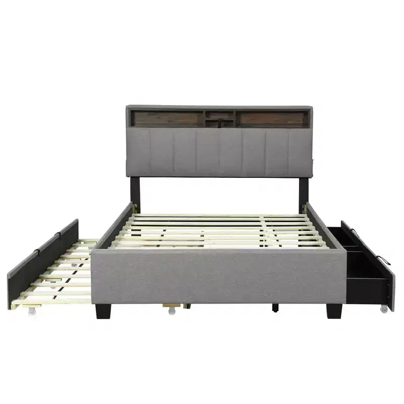 Lit plateforme capitonné pleine/grand lit avec tête de lit de rangement, lit gigogne simple, 2 tiroirs et prises de courant et ports USB, 4L - ModernLuxe