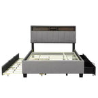Lit plateforme capitonné pleine/grand lit avec tête de lit de rangement, lit gigogne simple, 2 tiroirs et prises de courant et ports USB, 4L - ModernLuxe