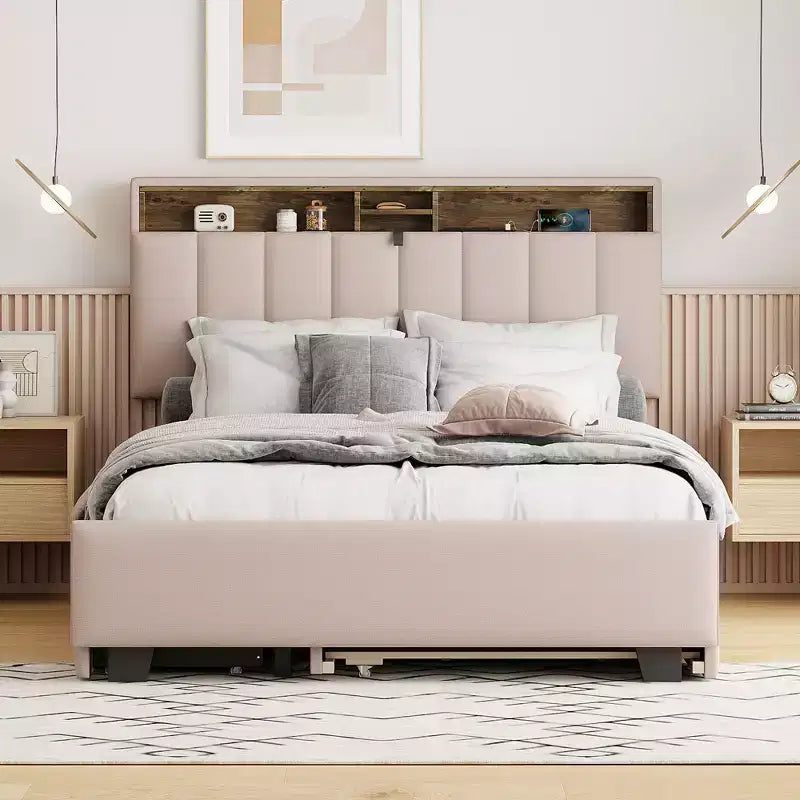 Lit plateforme capitonné pleine/grand lit avec tête de lit de rangement, lit gigogne simple, 2 tiroirs et prises de courant et ports USB, 4L - ModernLuxe