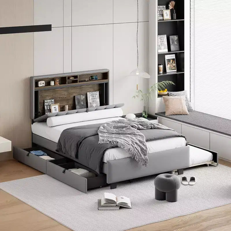 Lit plateforme capitonné pleine/grand lit avec tête de lit de rangement, lit gigogne simple, 2 tiroirs et prises de courant et ports USB, 4L - ModernLuxe