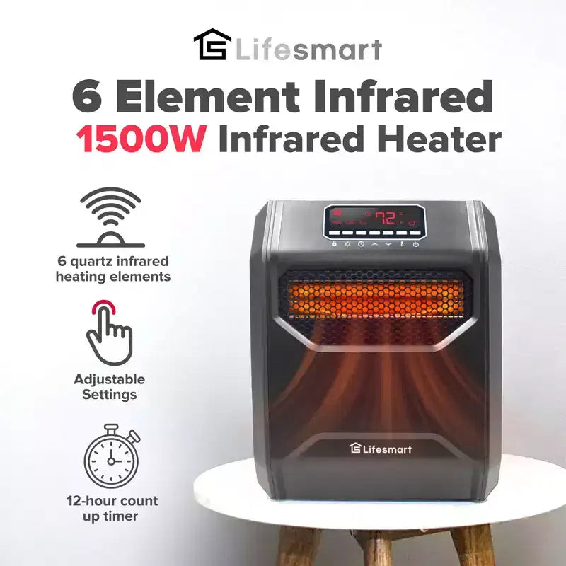 Chauffage d'appoint LifeSmart LifePro 1500 watts haute puissance, 3 modes programmables, avec 6 éléments infrarouges en quartz, télécommande et affichage numérique, noir (lot de 2)