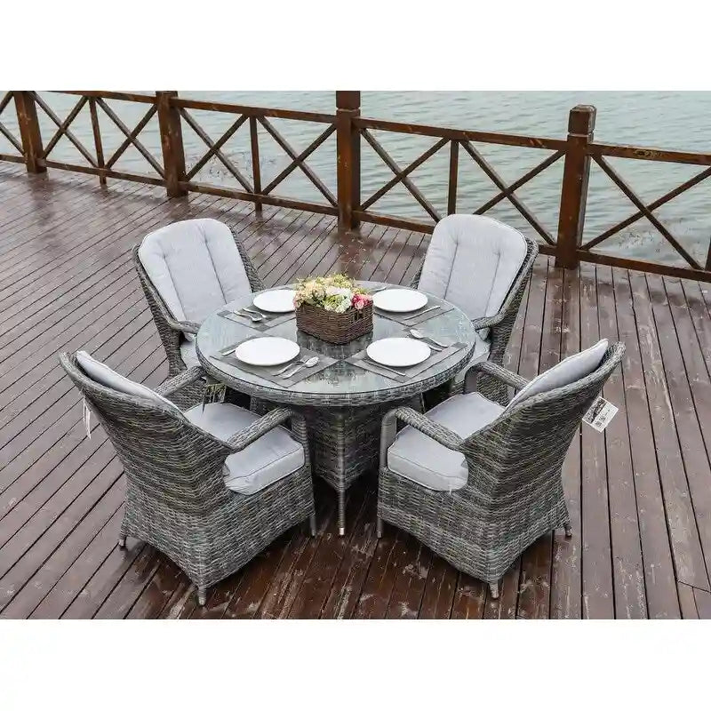 5-pieces Patio Wicker Round Dining Set with 4 Armchairs