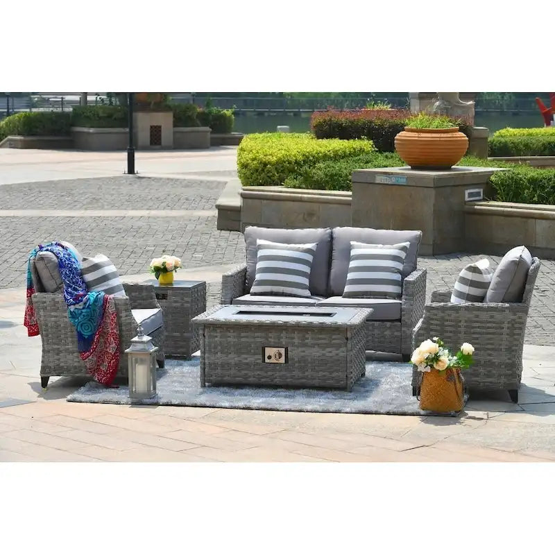 5-piece Patio Wicker Chat Set with Gas Fire Pit Table