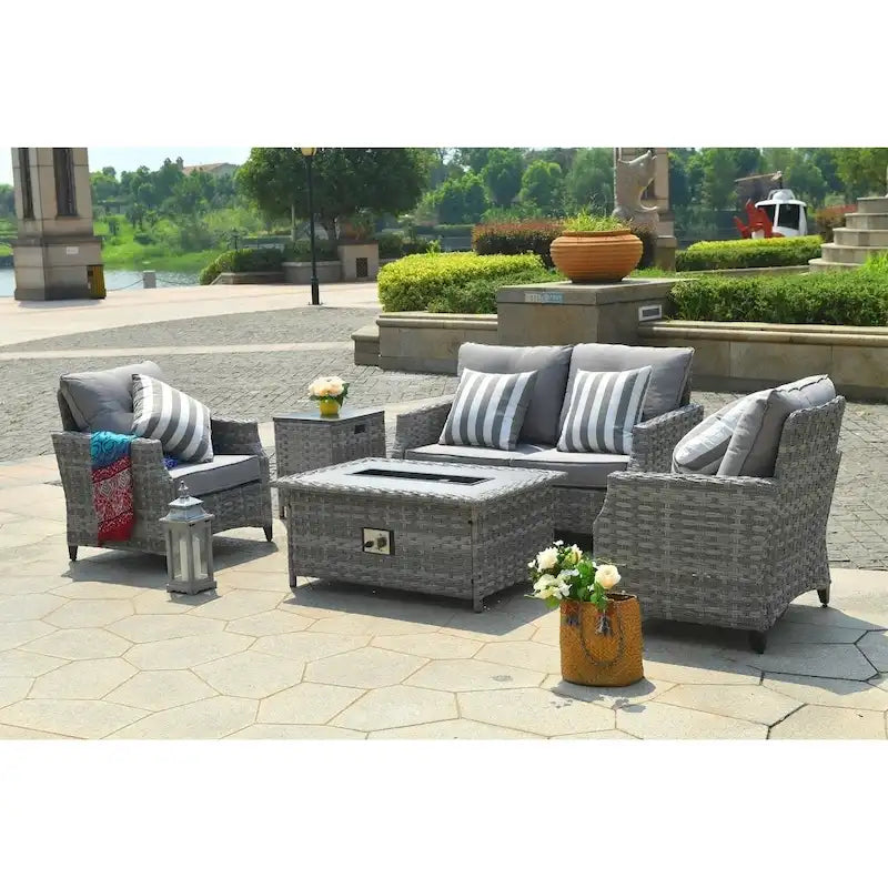 5-piece Patio Wicker Chat Set with Gas Fire Pit Table