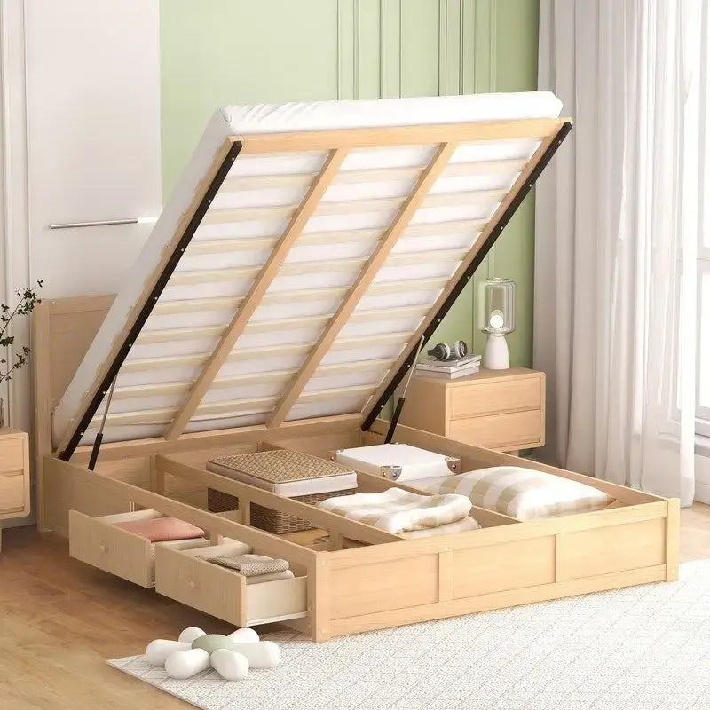 Lit plateforme en bois avec rangement intégré et 2 tiroirs, couleur bois