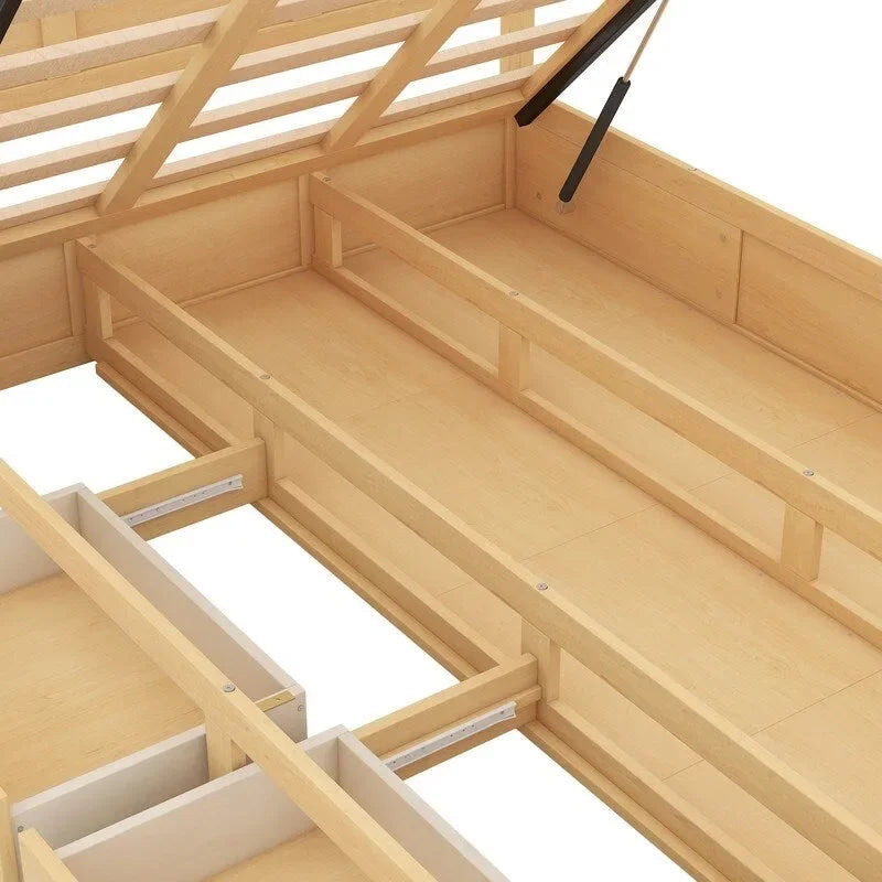 Lit plateforme en bois avec rangement intégré et 2 tiroirs, couleur bois