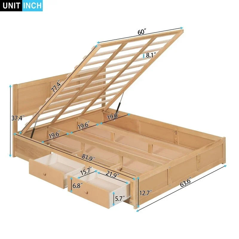 Lit plateforme en bois avec rangement intégré et 2 tiroirs, couleur bois
