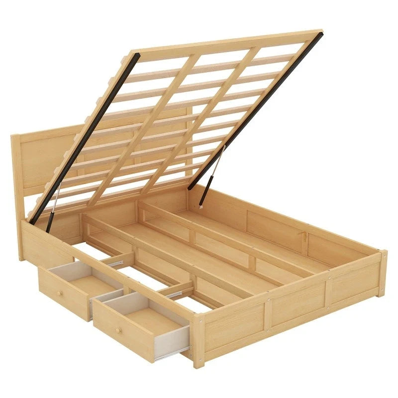 Lit plateforme en bois avec rangement intégré et 2 tiroirs, couleur bois