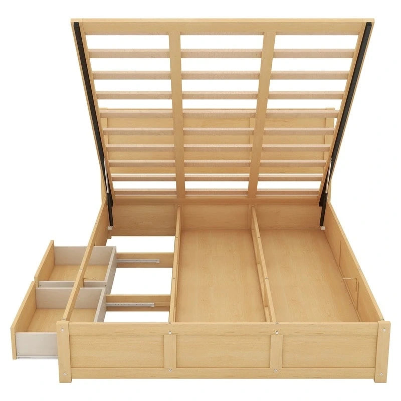 Lit plateforme en bois avec rangement intégré et 2 tiroirs, couleur bois