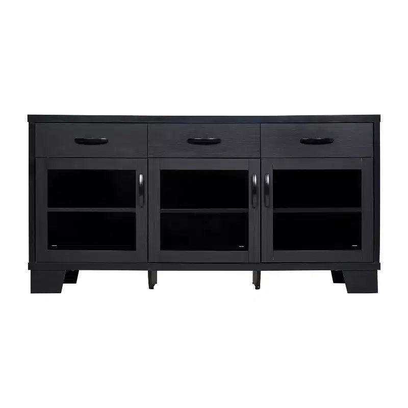 Buffet-Bahut Merrick Lane à trois tiroirs en bois composite avec trois portes d'armoire en verre trempé pour salle à manger/cuisine