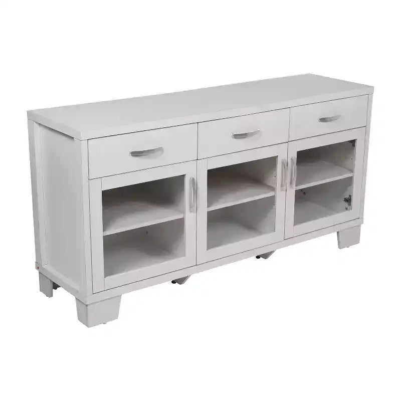 Buffet-Bahut Merrick Lane à trois tiroirs en bois composite avec trois portes d'armoire en verre trempé pour salle à manger/cuisine