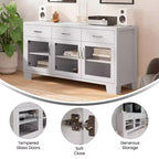 Buffet-Bahut Merrick Lane à trois tiroirs en bois composite avec trois portes d'armoire en verre trempé pour salle à manger/cuisine