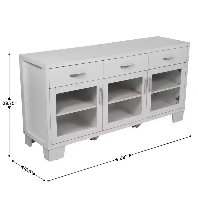 Buffet-Bahut Merrick Lane à trois tiroirs en bois composite avec trois portes d'armoire en verre trempé pour salle à manger/cuisine