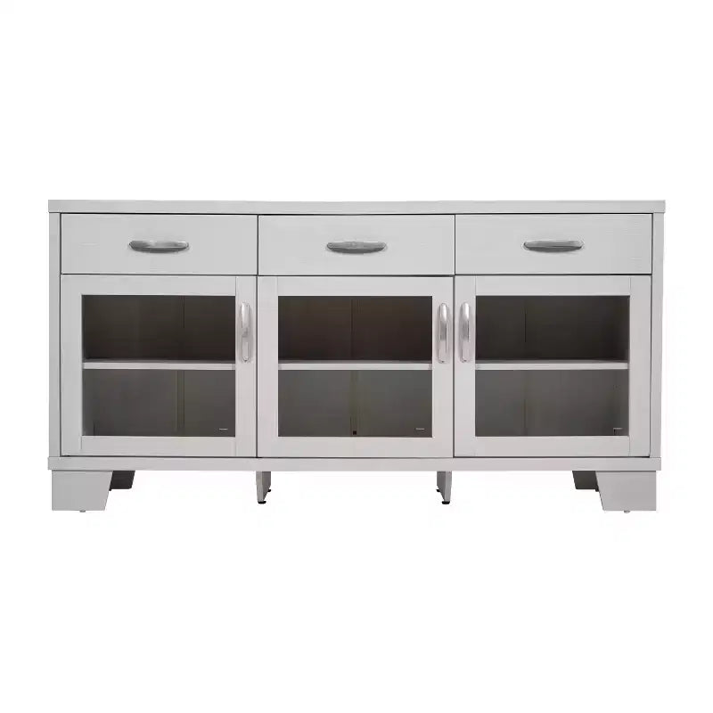 Buffet-Bahut Merrick Lane à trois tiroirs en bois composite avec trois portes d'armoire en verre trempé pour salle à manger/cuisine