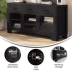 Buffet-Bahut Merrick Lane à trois tiroirs en bois composite avec trois portes d'armoire en verre trempé pour salle à manger/cuisine