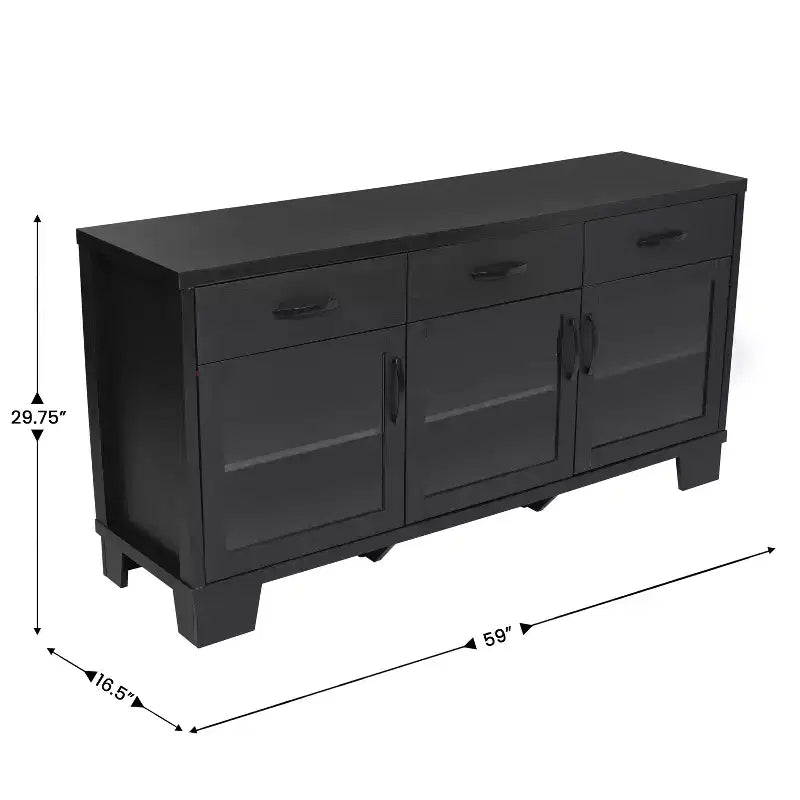 Buffet-Bahut Merrick Lane à trois tiroirs en bois composite avec trois portes d'armoire en verre trempé pour salle à manger/cuisine