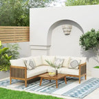Burchett Outdoor Acacia Wood and Round Wicker 5 Seater Sectional Sofa Chat Set with Cushions by Christopher Knight Home
