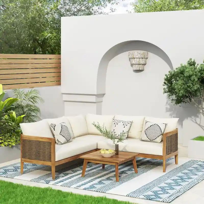 Burchett Outdoor Acacia Wood and Round Wicker 5 Seater Sectional Sofa Chat Set with Cushions by Christopher Knight Home