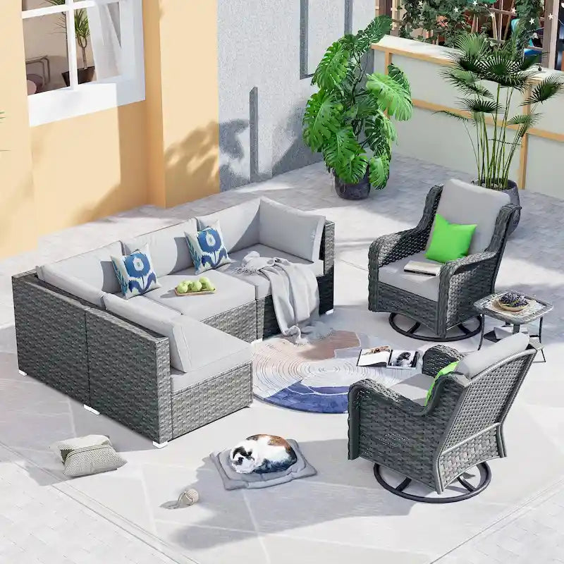 OVIOS Ensemble de mobilier de patio en rotin osier 7 pièces Ensemble de fauteuils à bascule pivotants