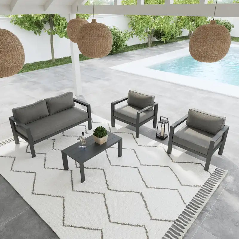 Grayton Gray Aluminum Outdoor Aluminum Loveseat with Lounge Chairs and Coffee Table - 61 x 26 x 29