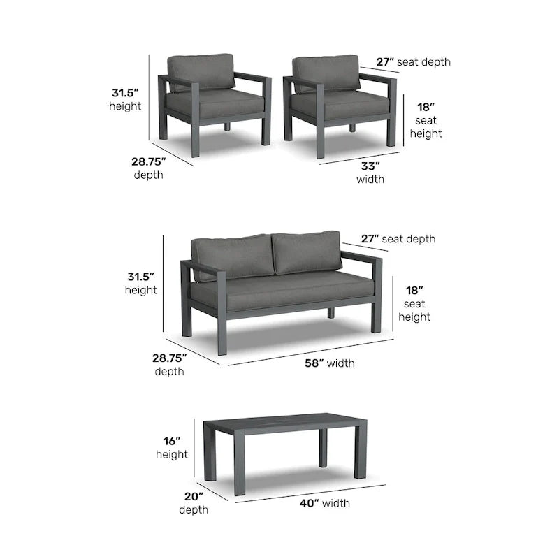 Causeuse d'extérieur en aluminium gris Grayton avec chaises longues et table basse - 61 x 26 x 29