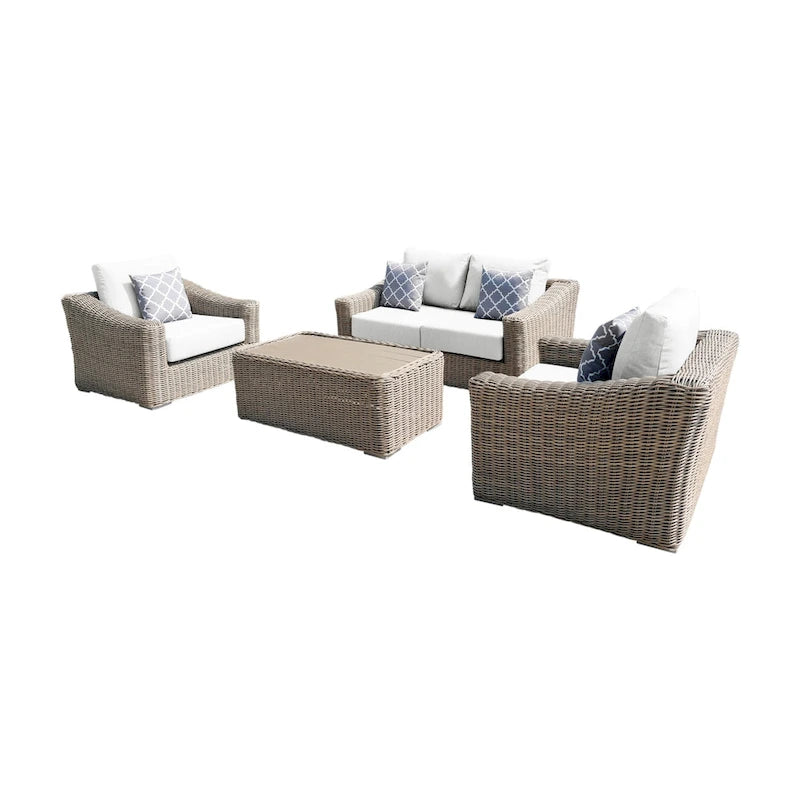 Ensemble causeuse Tulum deux tons beige foncé avec coussins et cadre en aluminium