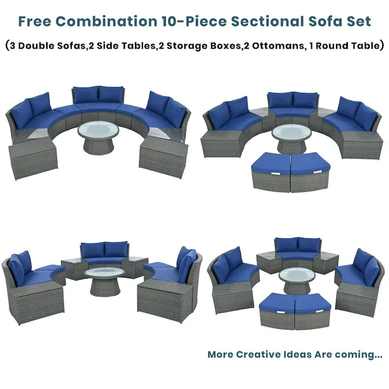 10-Piece Outdoor Sectional Half Round Patio Rattan Sofa Set