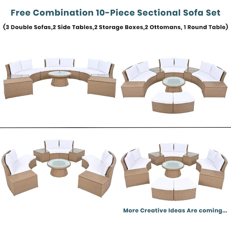 10-Piece Outdoor Sectional Half Round Patio Rattan Sofa Set