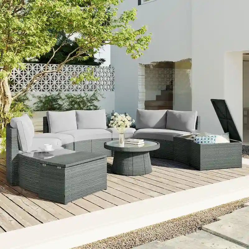 10-Piece Outdoor Sectional Half Round Patio Rattan Sofa Set