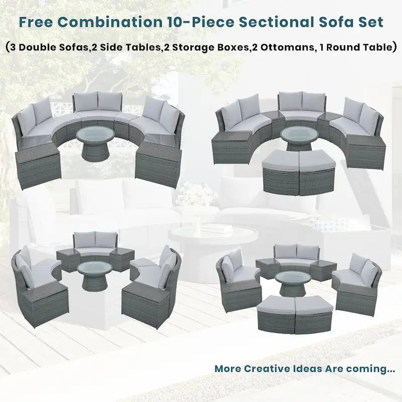 10-Piece Outdoor Sectional Half Round Patio Rattan Sofa Set