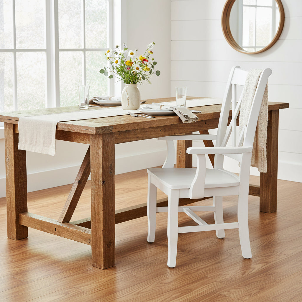 Chaise de salle à manger en bois massif avec accoudoirs et dossier en X double