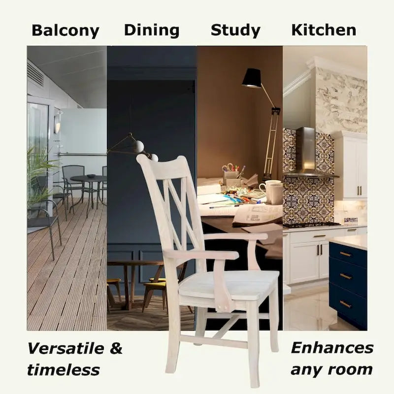Chaise de salle à manger en bois massif avec accoudoirs et dossier en X double