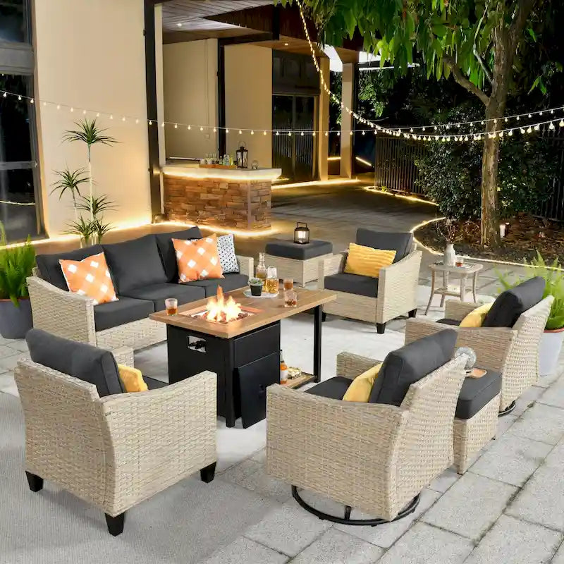 HOOOWOOO Ensemble de mobilier d'extérieur en rotin osier 9 pièces avec fauteuils à bascule pivotants