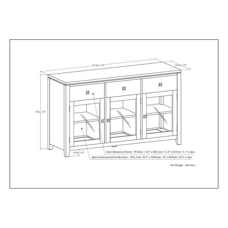 BUFFET Contemporain en BOIS MASSIF, largeur 54 pouces, en Acajou - largeur 54 pouces