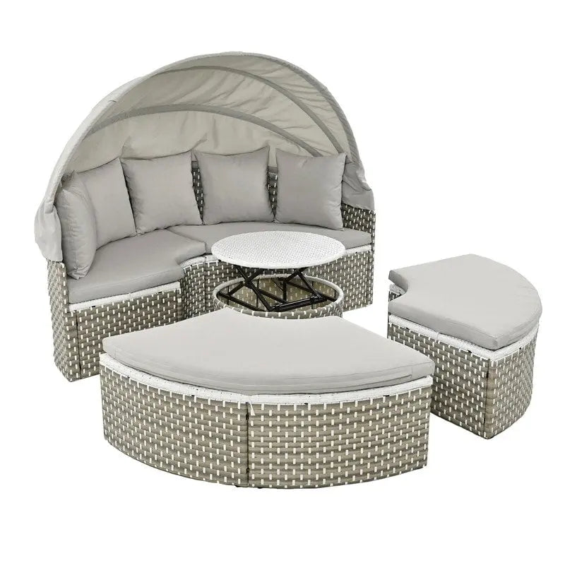 Round Outdoor Daybed Two-Tone Weave Sunbed with Retractable Canopy