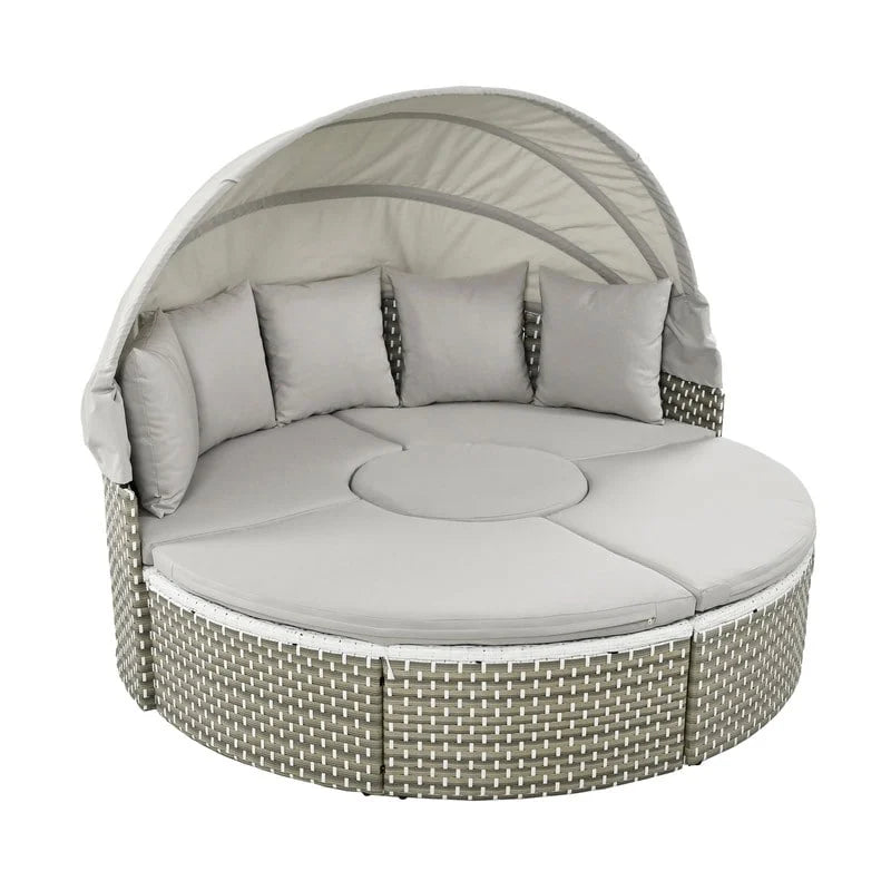 Lit de jardin rond bicolore en osier avec pare-soleil rétractable
