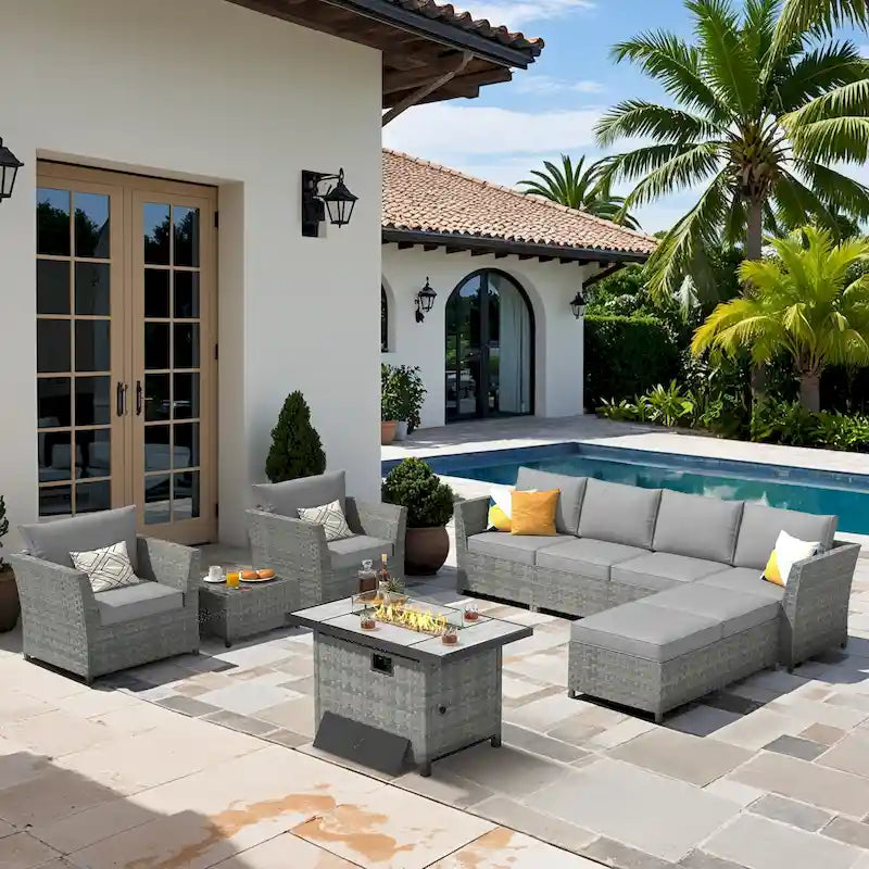 XIZZI 10-piece Outdoor Furniture Rattan Wicker Sectional Sofa with Fire Pit