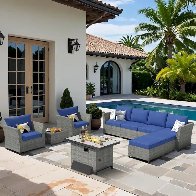 XIZZI 10-piece Outdoor Furniture Rattan Wicker Sectional Sofa with Fire Pit