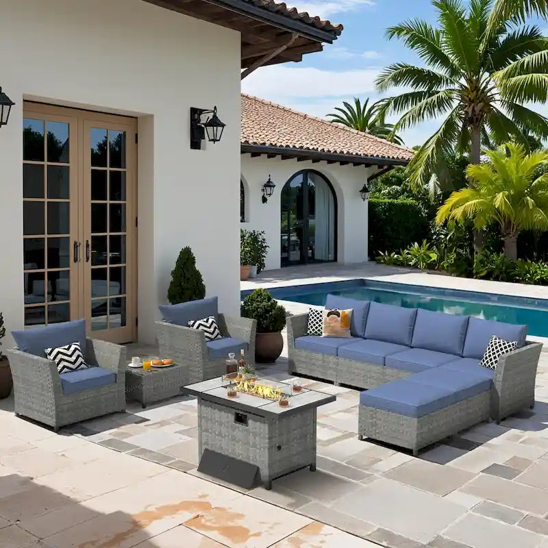 XIZZI 10-piece Outdoor Furniture Rattan Wicker Sectional Sofa with Fire Pit