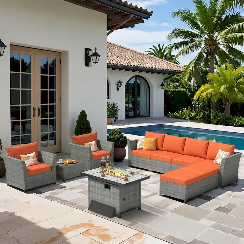 XIZZI 10-piece Outdoor Furniture Rattan Wicker Sectional Sofa with Fire Pit