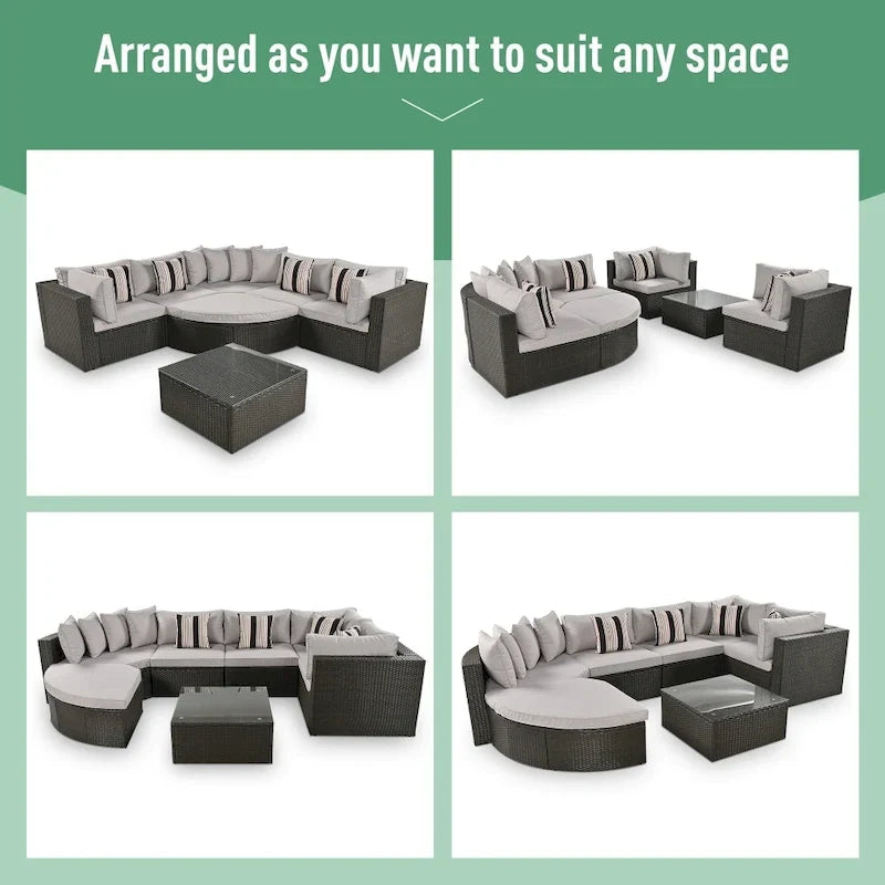 Outdoor Wicker 7-piece Sofa Set with Gray Cushions and Glass Table