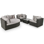 Outdoor Wicker 7-piece Sofa Set with Gray Cushions and Glass Table
