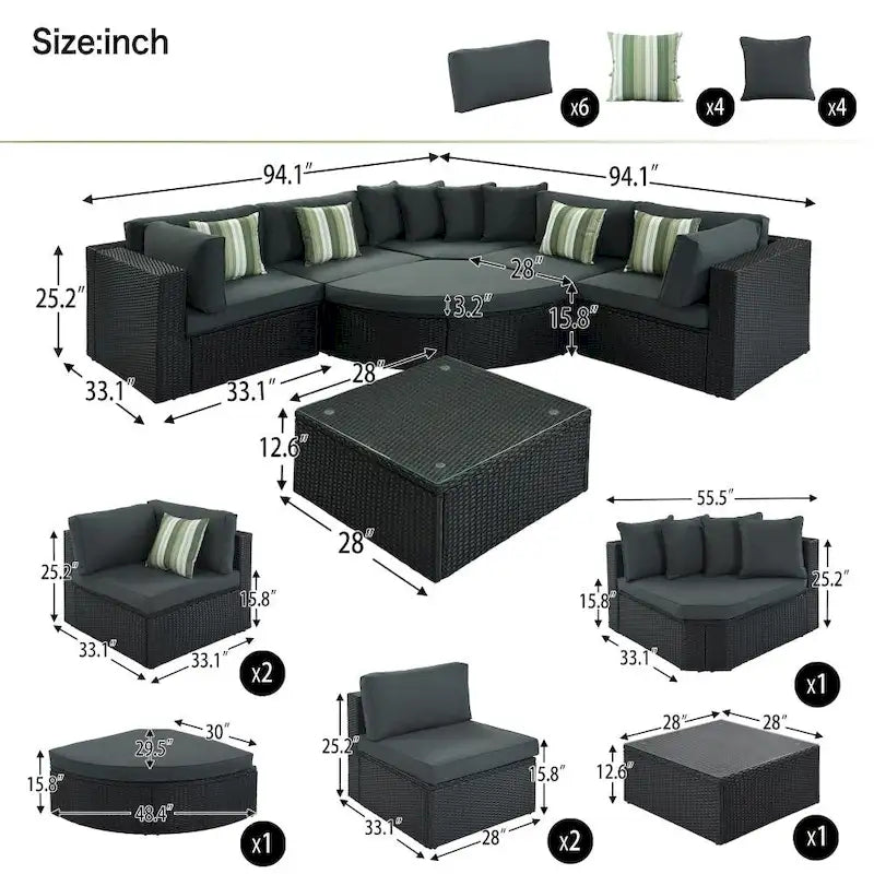 Outdoor Wicker 7-piece Sofa Set with Gray Cushions and Glass Table