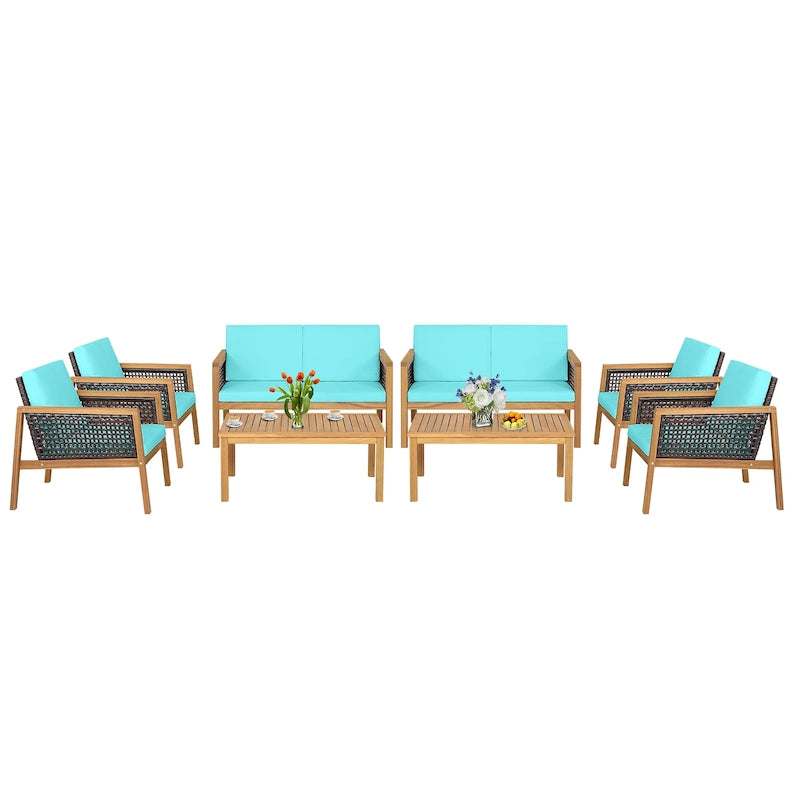 Ensemble de meubles de patio en rotin 8 pièces avec canapé rembourré en bois d'acacia
