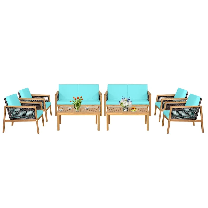 8PCS Patio Rattan Furniture Set Acacia Wood Cushioned Sofa Off
