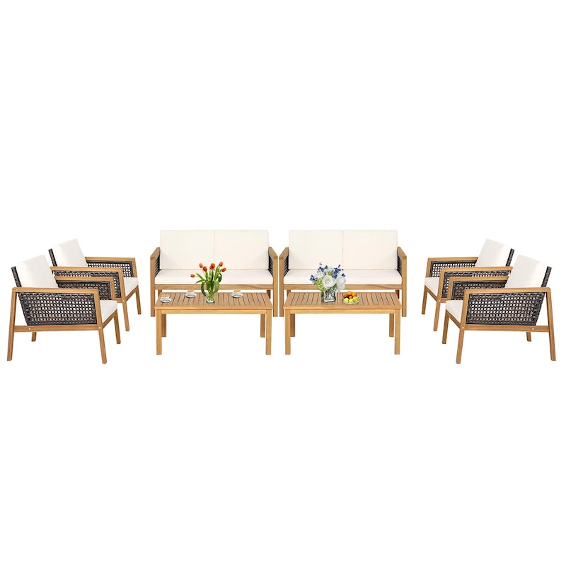 Ensemble de meubles de patio en rotin 8 pièces avec canapé rembourré en bois d'acacia